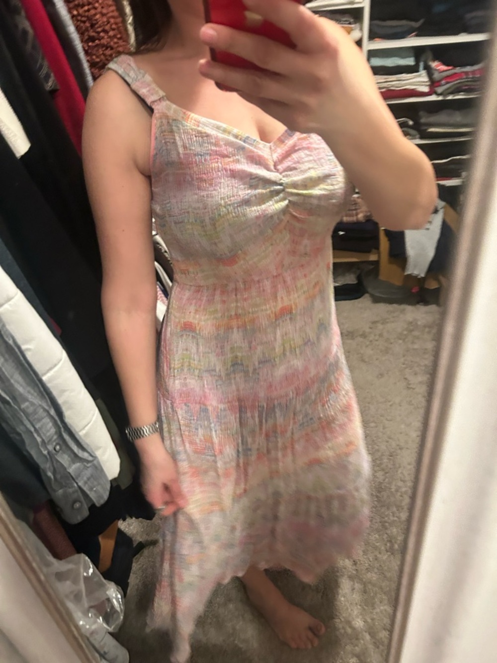 ecru Pastel Rainbow Maxi Dress with Gathered Bust
